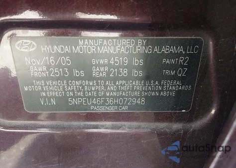 2006 Hyundai Sonata Gls V6/Lx V6 from USA, damaged, VIN 5NPEU46F36H072948